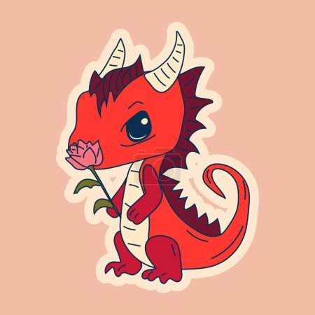 Ilustración de Vector Ilustración de stock aislado Emoji personaje de dibujos animados dinosaurio dragón olfatea una flor con una etiqueta de la taza emoticono para el sitio, info graphics, video, animación. - Imagen libre de derechos