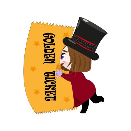 Cute little the owner of a confectionery factory with a golden ticket. illustration. Character concept art.