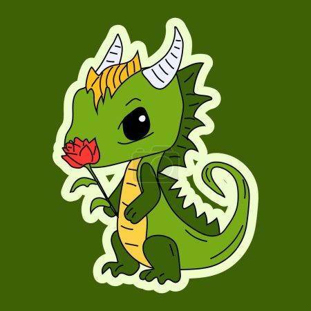 Ilustración de Vector Ilustración de stock aislado Emoji personaje de dibujos animados dinosaurio dragón verde olfatea una flor con una etiqueta de la taza emoticono para el sitio, info graphics, video, animación. - Imagen libre de derechos