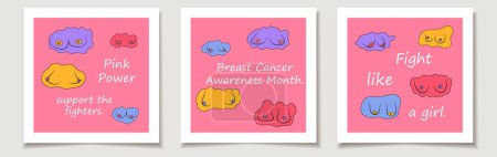 Illustration for Set of breast cancer day cards with Set Hand drawn woman breast collection. Colorful illustrations of breasts. Vector illustration - Royalty Free Image