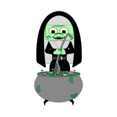 Ilustración de Una monja zombi prepara una poción. Ilustración vectorial. Todos los elementos están aislados - Imagen libre de derechos