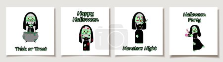 Ilustración de Conjunto de tarjetas de Halloween con Conjunto de cuatro monja zombie de dibujos animados. Concepto de disfraz Halloween. Tarjetas de felicitación con artículos mágicos. - Imagen libre de derechos