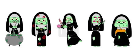 Ilustración de Conjunto de monja zombi. Traje de Halloween. Ilustración vectorial. Todos los elementos están aislados - Imagen libre de derechos
