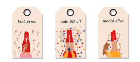Vector set of discount price tags. Labels with  female legs in Christmas socks, with a garland, a cup of coffee, Christmas cookies and Christmas candy, and with corgi dog. Template for shopping tags. 
