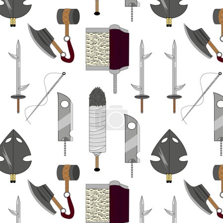 Téléchargez les illustrations : Modèle avec illustration vectorielle d'une dague, épée. Tous les éléments sont isolés - en licence libre de droit