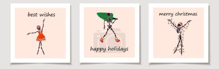 Illustration for Christmas vector gift card or tag set with Funny Skeleton with with decoration christmas. Cute ladies. Merry christmas lettering, best wishes - Royalty Free Image