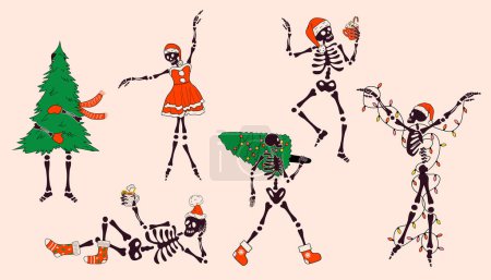 Illustration for Set of Funny Skeleton with with decoration christmas. Cute character Skeleton Bones - Royalty Free Image