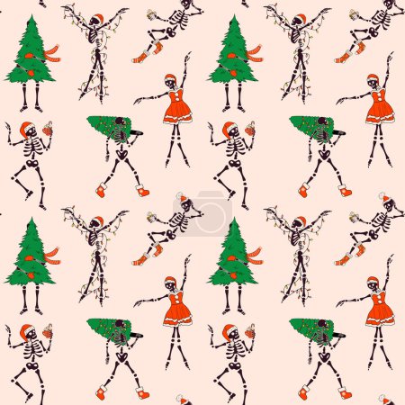 Illustration for Seamless pattern with Funny Skeleton with with decoration christmas. Cute character Skeleton Bones - Royalty Free Image