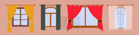 Ilustración de Conjunto de ventanas y cortinas en la habitación. Ventana de casa. Ilustración plana del vector - Imagen libre de derechos