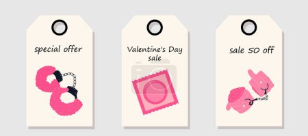 Illustration for Vector set of discount price tags. Labels with Pink fur fluffy handcuffs and condom. Valentine's day sale. - Royalty Free Image