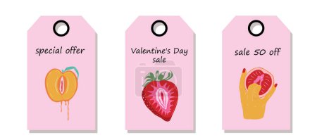 Illustration for Vector set of discount price tags. Labels with Fruit strawberry with outlines female labia. Valentine's day sale. - Royalty Free Image