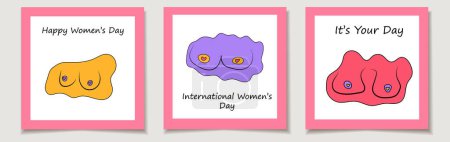 Illustration for International Women's Day. A set of greeting cards with Hand drawn woman breast - Royalty Free Image