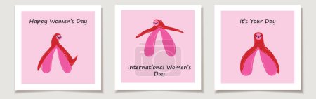 International Women's Day. A set of greeting cards with clitoris with kawaii eyes