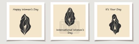 International Women's Day. A set of greeting cards with Beauty female reproductive system. Vulva.
