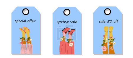 Vector set of discount price tags. Labels with Female legs in boots. Cool footwear with flowers. Spring sale.