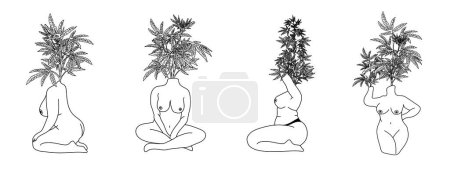 Set of Naked woman body with bush of the plant hemp. Vector fashion illustration.Body Positive