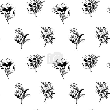 Téléchargez les illustrations : Motif sans couture avec Set of Line art de Bouquets. Eléments botaniques tendance. Fleurs et feuilles sauvages - en licence libre de droit