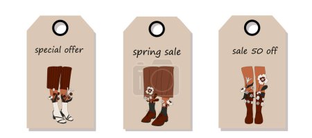 Vector set of discount price tags. Labels with Female legs in boots. Cool footwear with flowers. Spring sale.