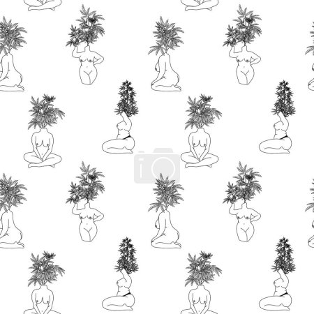 Seamless pattern with Naked woman body with bush of the plant hemp. Vector fashion illustration.Body Positive