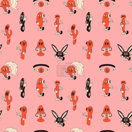 Seamless pattern Retro sex toys mascot character. 40s, 50s, 60s old animation style.