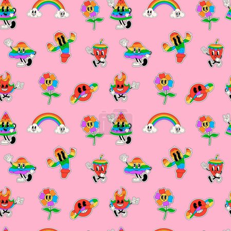 Illustration for Seamless pattern Cartoon abstract characters feature in retro, trendy stickers with funny comic characters and gloved hands, celebrating Pride Month - Royalty Free Image