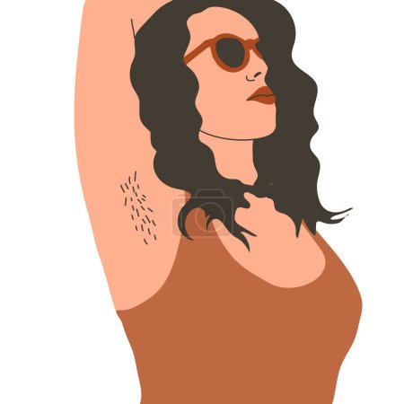 A woman's head and shoulders are depicted, with her arm raised to reveal the hair in her armpit, often utilized as a feminist statement against the practice of women shaving