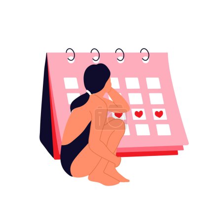 A woman sits near a menstrual calendar. Girl having menstrual period, menstruation, premenstrual syndrome, PMS, female reproductive system.
