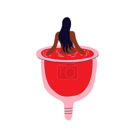 Women swim in menstrual cup. Girl having menstrual period, menstruation, premenstrual syndrome, PMS, female reproductive system.