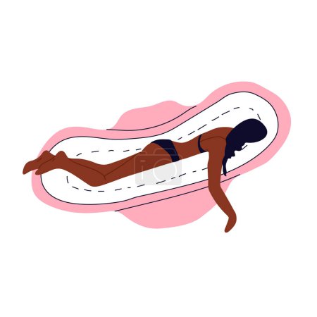 A woman is lying on a sanitary pad. Girl having menstrual period, menstruation, premenstrual syndrome, PMS, female reproductive system.