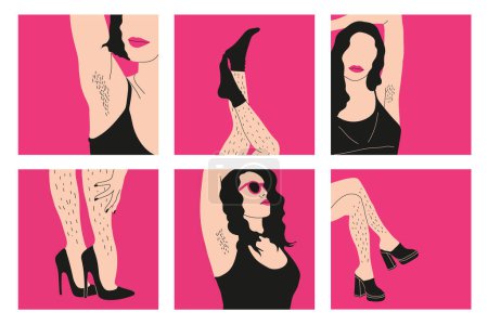 Female unshaved hairy legs and armpit hair set of six Hand drawn. Poster body positivity