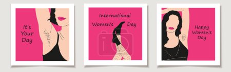 Grußkarten-Set zum Internationalen Frauentag mit handgezeichneten Illustrationen von unrasierten haarigen Beinen und Achselhaaren. Plakate feiern Körperpositivität.