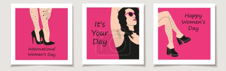 International Women's Day greeting cards set featuring hand-drawn illustrations of female unshaved hairy legs and armpit hair. Posters celebrating body positivity.
