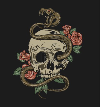 Téléchargez les illustrations : Serpent, crâne et fleurs, style rock and roll - en licence libre de droit