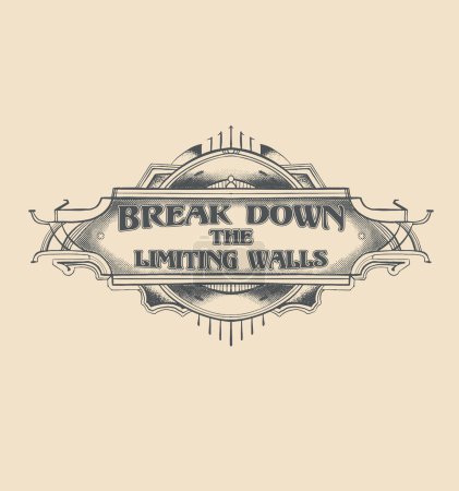 Illustration for Break down the limiting wall. brown poster with badge logo - Royalty Free Image