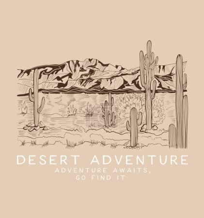 Aventura en el desierto. La aventura te espera, ve a buscarlo. Arizona desierto estado camiseta diseño gráfico. Obra de arte vintage para ropa, pegatina, lote, fondo, póster y otros.  