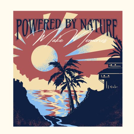 Illustration for Powered by nature. Beach Retro Poster. Lifeguard house on the beach, palm, coast, surf, ocean. Vector illustration vintage - Royalty Free Image