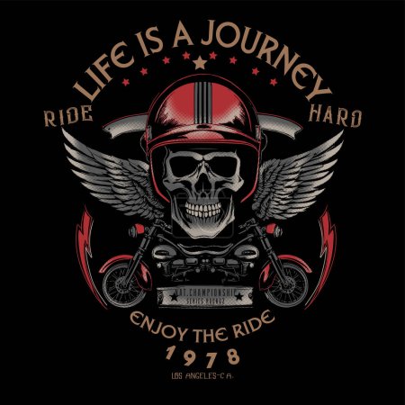 La vida es un viaje.Vintage Skull Riders con alas y pistones Diseño de emblema Camisetas Vector Illustration