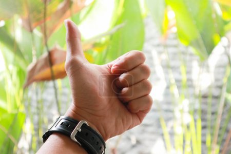 mano del joven mostrando un gesto hacia arriba pulgares sobre el fondo de las plantas