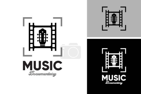 Illustration for Music Documentary Logo With Guitar Head Filmstrip. Movie Cinema Photography Music Logo Design - Royalty Free Image