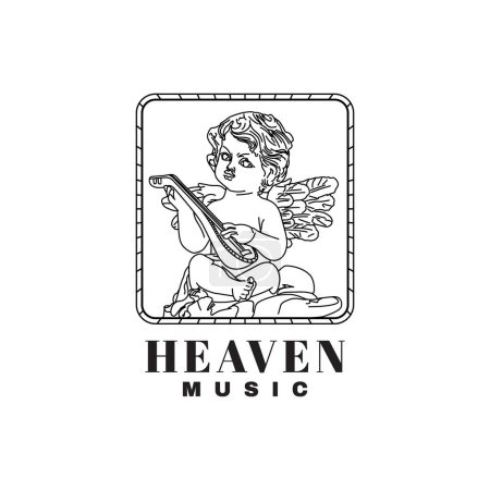 Ilustración de Baby Angel Jugando Ukulele Línea Arte Estilo Vector Diseño. Logo del ángel de la guitarra emblema - Imagen libre de derechos