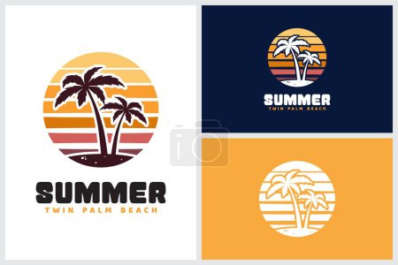 Téléchargez les illustrations : Sunset Beach avec Twin Palm pour vacances été surf logo inspiration design - en licence libre de droit