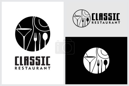 Illustration for Restaurant Line Art Logo with Wine Glass Spoon Fork Plate Knife Glass for Dining - Royalty Free Image
