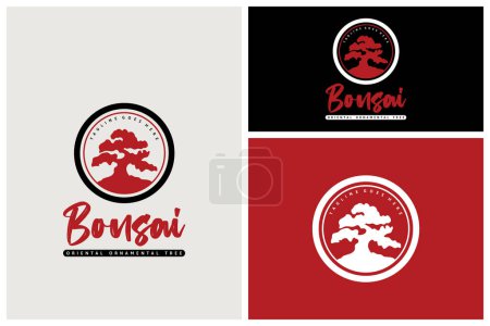 Téléchargez les illustrations : Silhouette vectorielle de logo d'arbre de bonsaï pour le symbole d'insigne d'emblème de médaille - en licence libre de droit