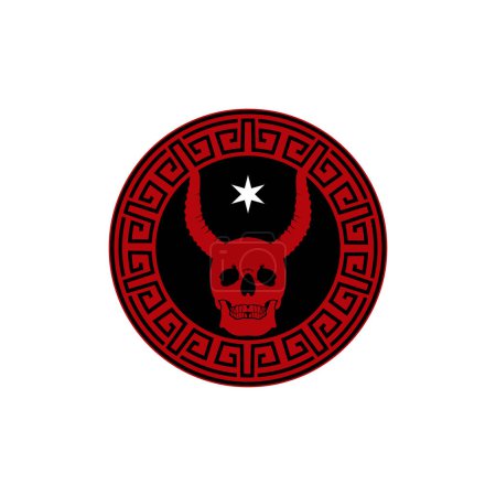 Téléchargez les illustrations : Médaillon de l'emblème de mascotte de Satan démon crâne cornu avec motif chinois - en licence libre de droit