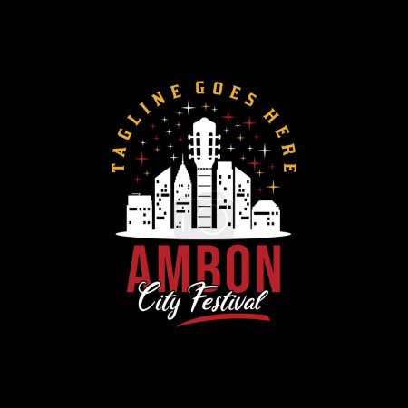 Ilustración de Ciudad de la Música de Ambon Skyline con Instrumento de Guitarra para Festival de Música Logo Design - Imagen libre de derechos
