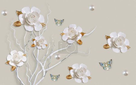 Téléchargez les photos : Illustration 3D papier peint fleur blanche feuille d'or et papillon avec conception abstraite de fond - en image libre de droit