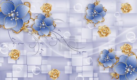 Foto de Flor azul y dorada 3D con fondo de pantalla de diseño 3d - Imagen libre de derechos