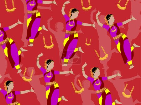 Téléchargez les photos : Illustration d'art fond abstrait motif sans couture icône symbole culture traditionnelle asiatique de danseuse indienne - en image libre de droit