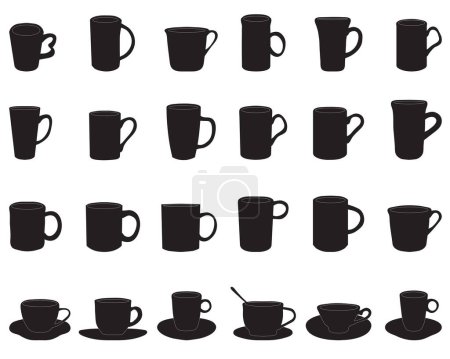 Téléchargez les illustrations : Silhouettes noires de tasses sur fond blanc - en licence libre de droit