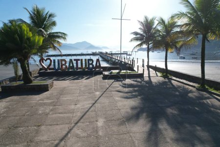 Welcome sign of Ubatuba, seen from drone, on a 2024 sunny morning.